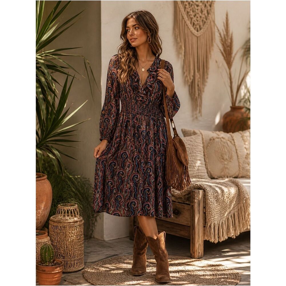 Anthropologie Traffic People Paisley Midi Dress in Navy/Rust Boho Chic
